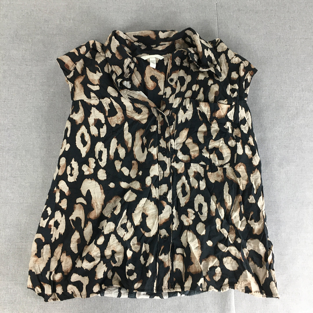 H&M Womens Top Size L Black Brown Animal Pattern Dot Button-Up Sleeveless