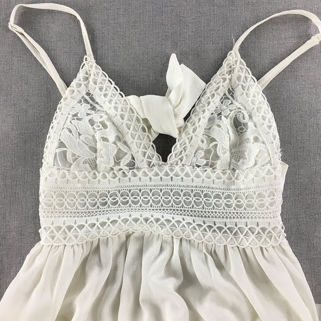 Morning Mist Womens Mini Dress Size 8 White Tiered Floral Lace Fit & Flare