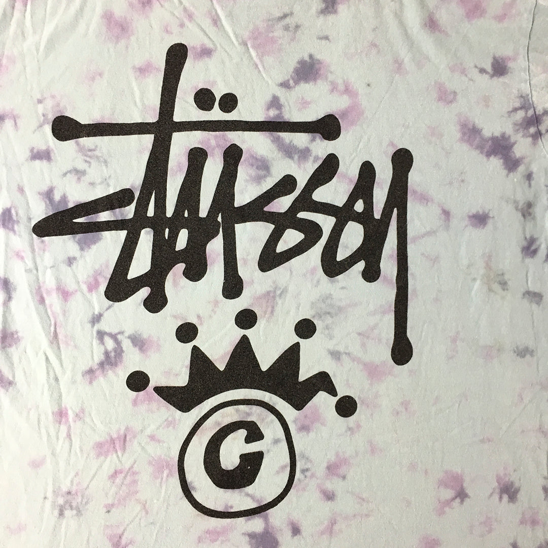 Stussy Womens T-Shirt Size 10 Blue Purple Tie-Dye Logo Short Sleeve Top