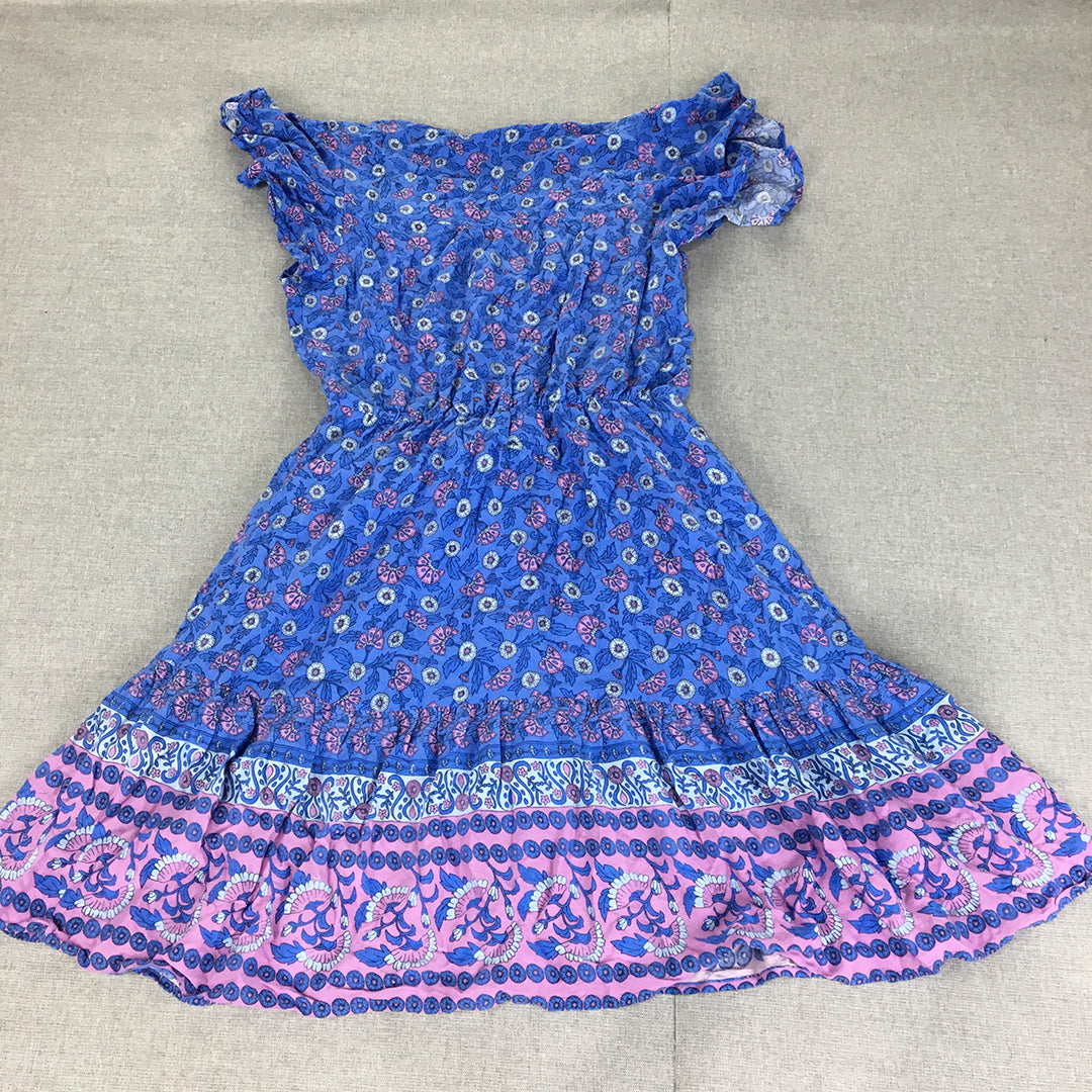 Ally Womens Mini Dress Size 10 Blue Purple Floral Fit & Flare Short Sleeve