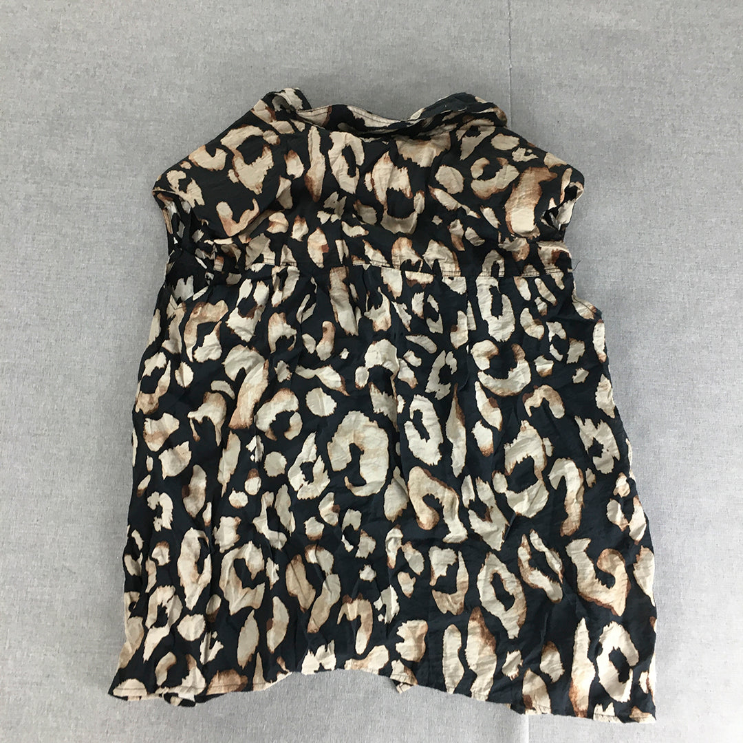 H&M Womens Top Size L Black Brown Animal Pattern Dot Button-Up Sleeveless