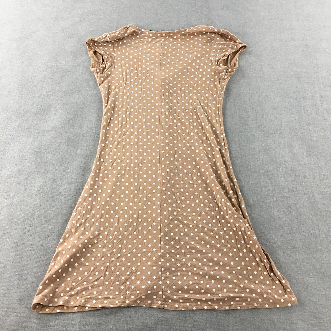 Boohoo Petite Womens Mini Dress Size 8 Brown Polka Dot Button Fit Flare