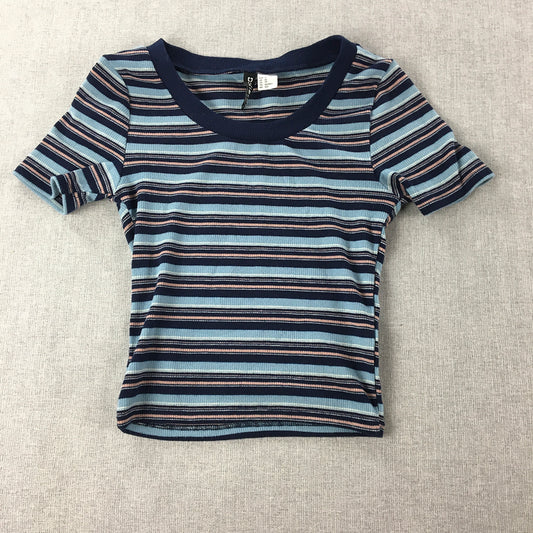 H&M Womens Knit Top SIze XS Blue Striped Short Sleeve Stretch Fabric Shirt