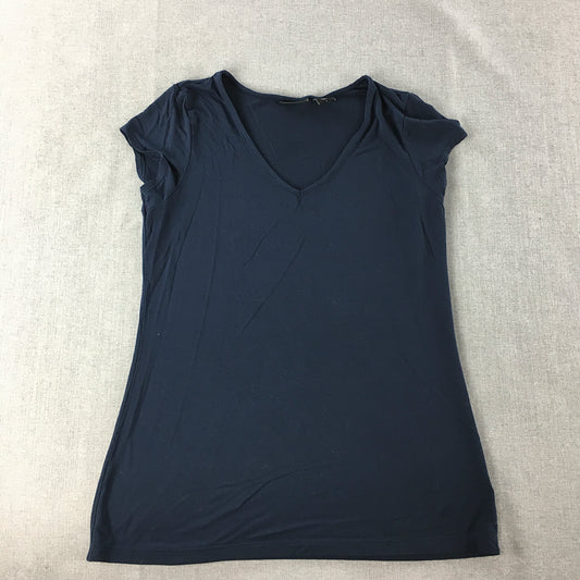 Tahari Womens Top Size M Navy Blue V-Neck Short Sleeve Shirt