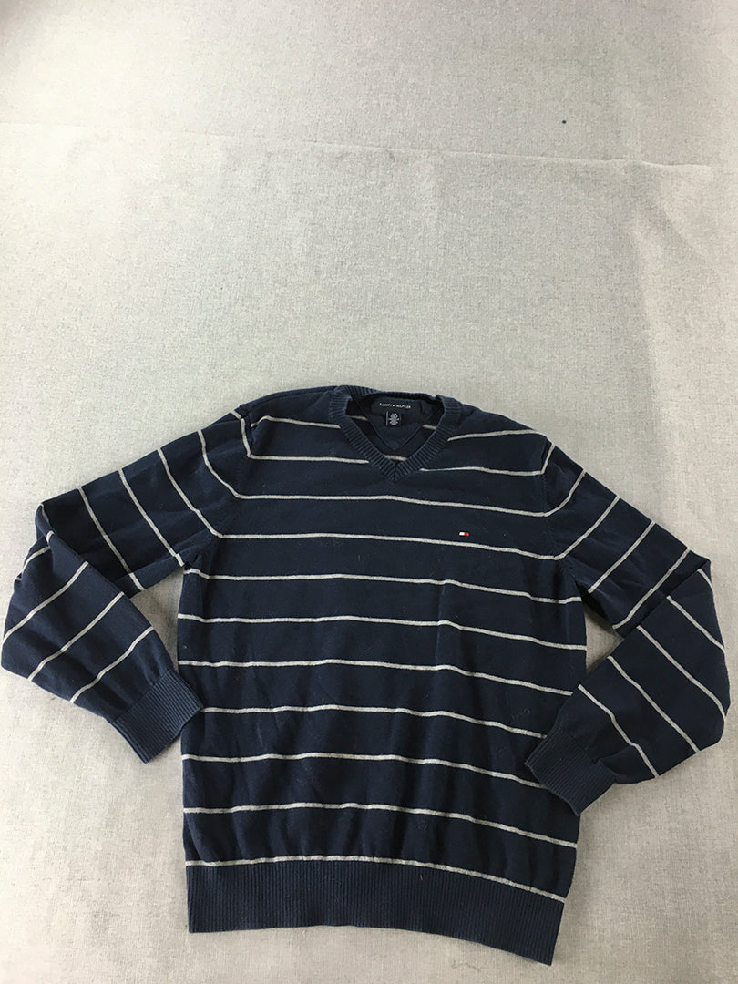 Tommy Hilfiger Mens Knit Sweater Size S Navy Blue Striped Logo V-Neck Jumper