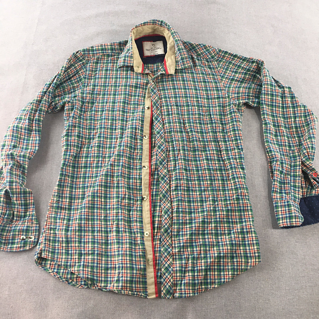 Being Animal Mens Flannel Shirt Size L Green Blue Checkered Button-Up