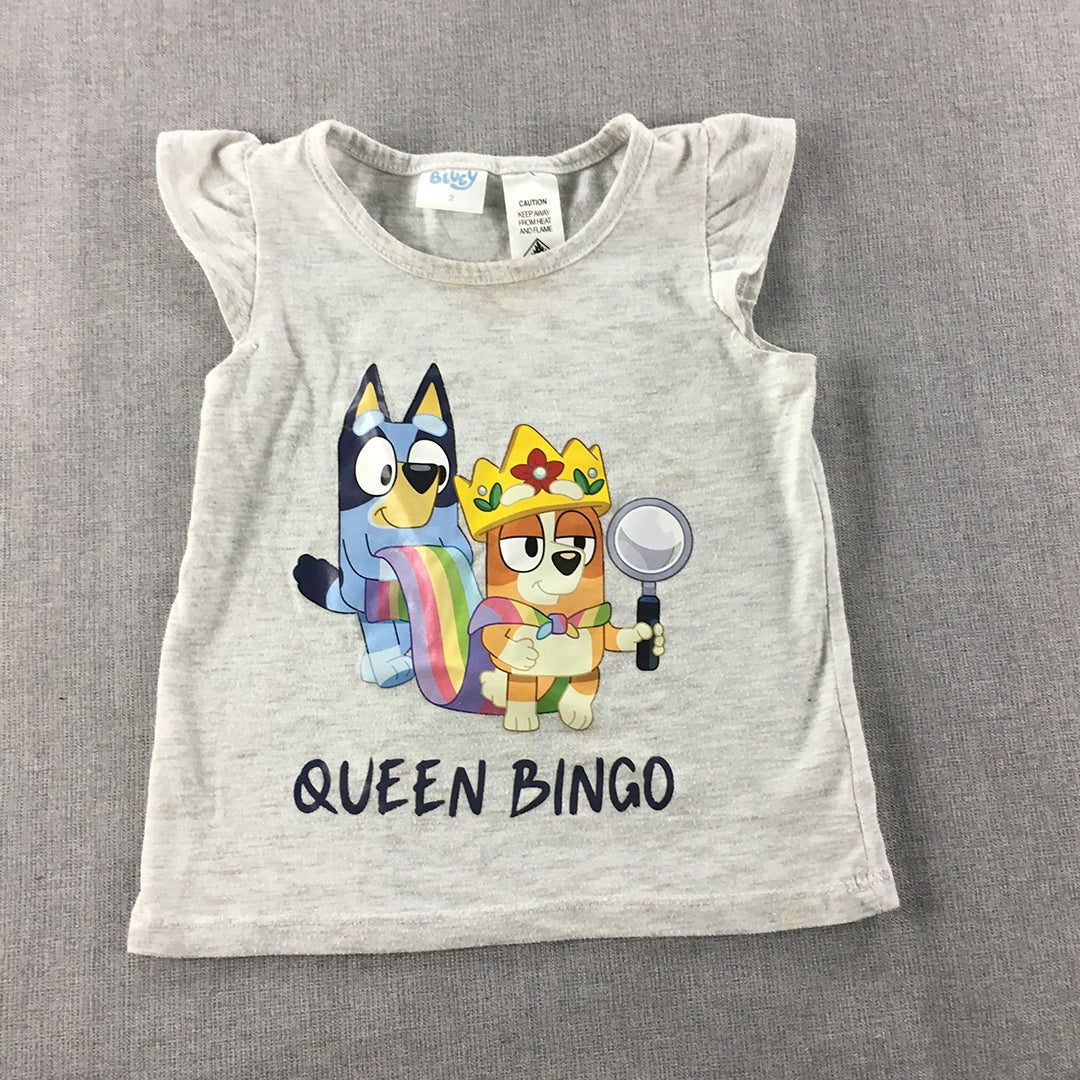 Bluey Kids Girls Top Size 2 Toddler Grey Queen Bingo Short Sleeve T-Shirt