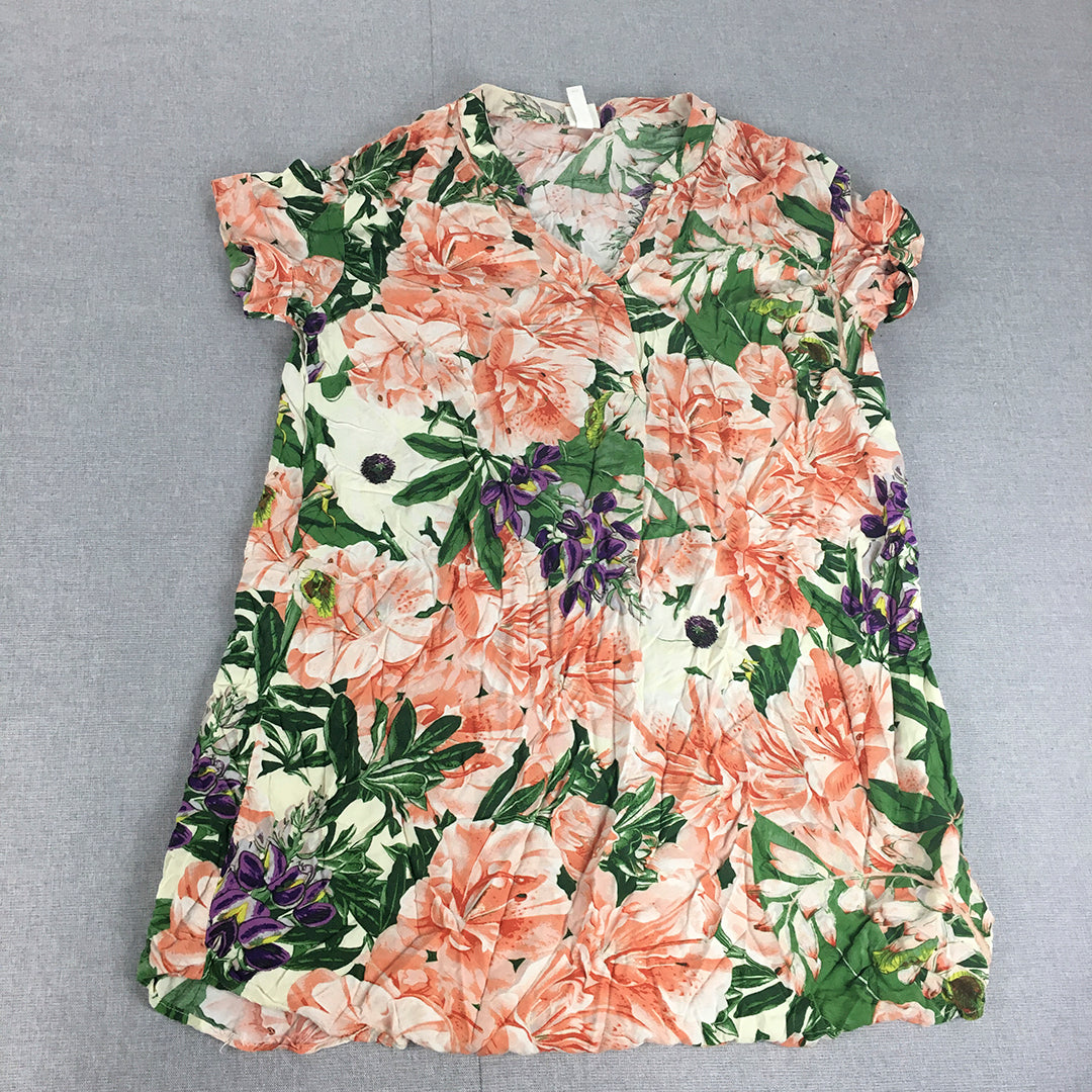 H&M Womens Shirt Dress Size M Pink Green White Floral Mini Short Sleeve