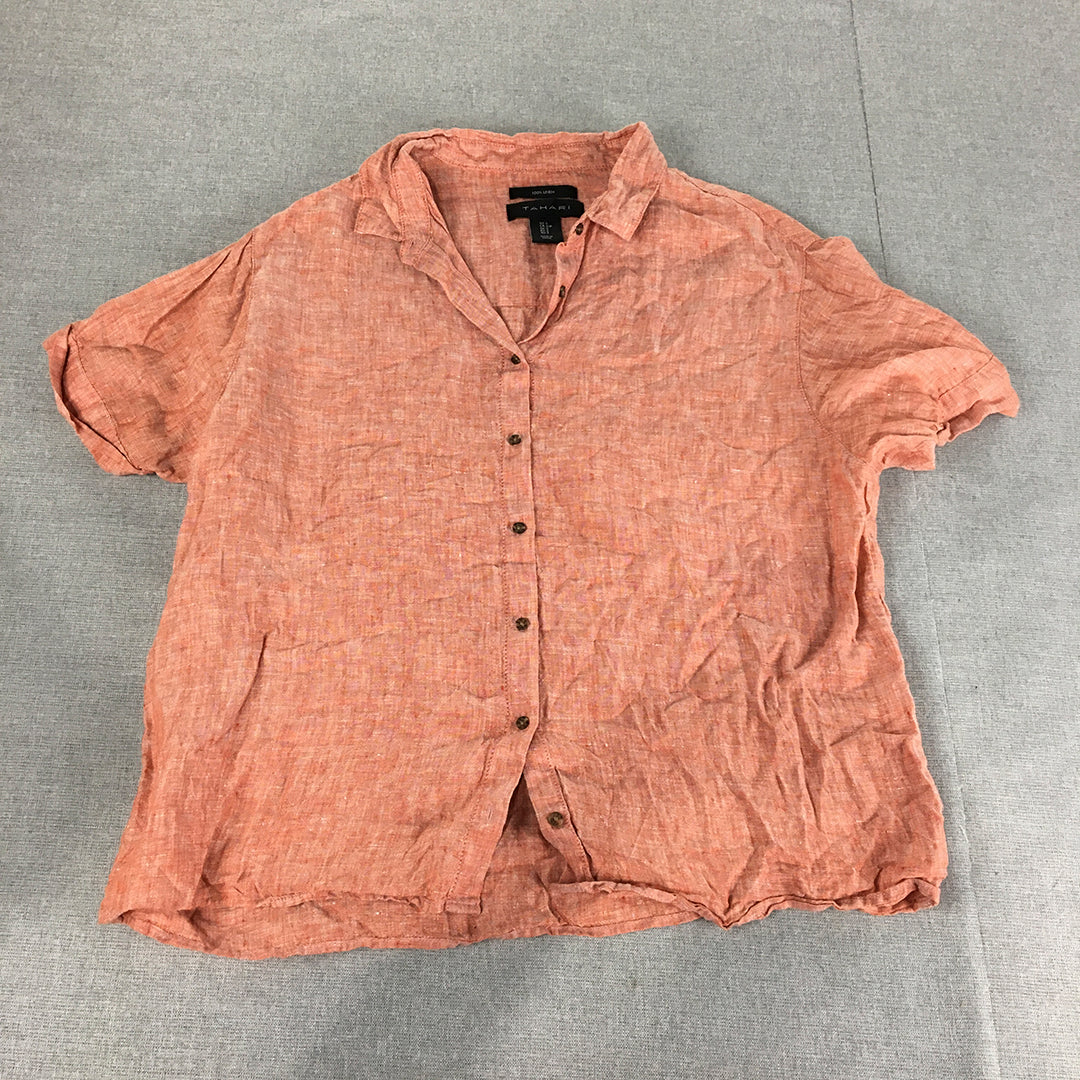 Tahari Womens 100% Linen Shirt Size S Peach Orange Short Sleeve Button-Up