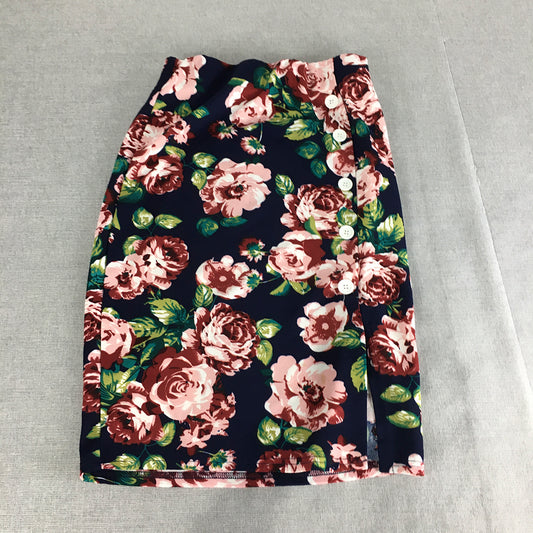 Valleygirl Womens Mini Skirt Size M Blue Pink Floral Pencil Straight