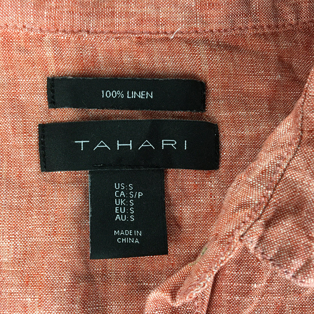 Tahari Womens 100% Linen Shirt Size S Peach Orange Short Sleeve Button-Up