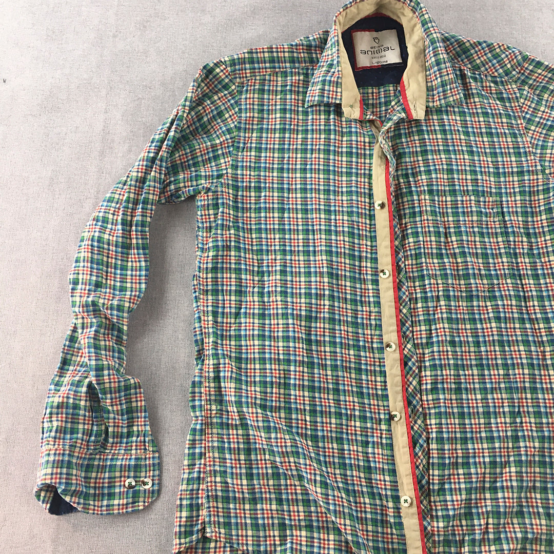 Being Animal Mens Flannel Shirt Size L Green Blue Checkered Button-Up