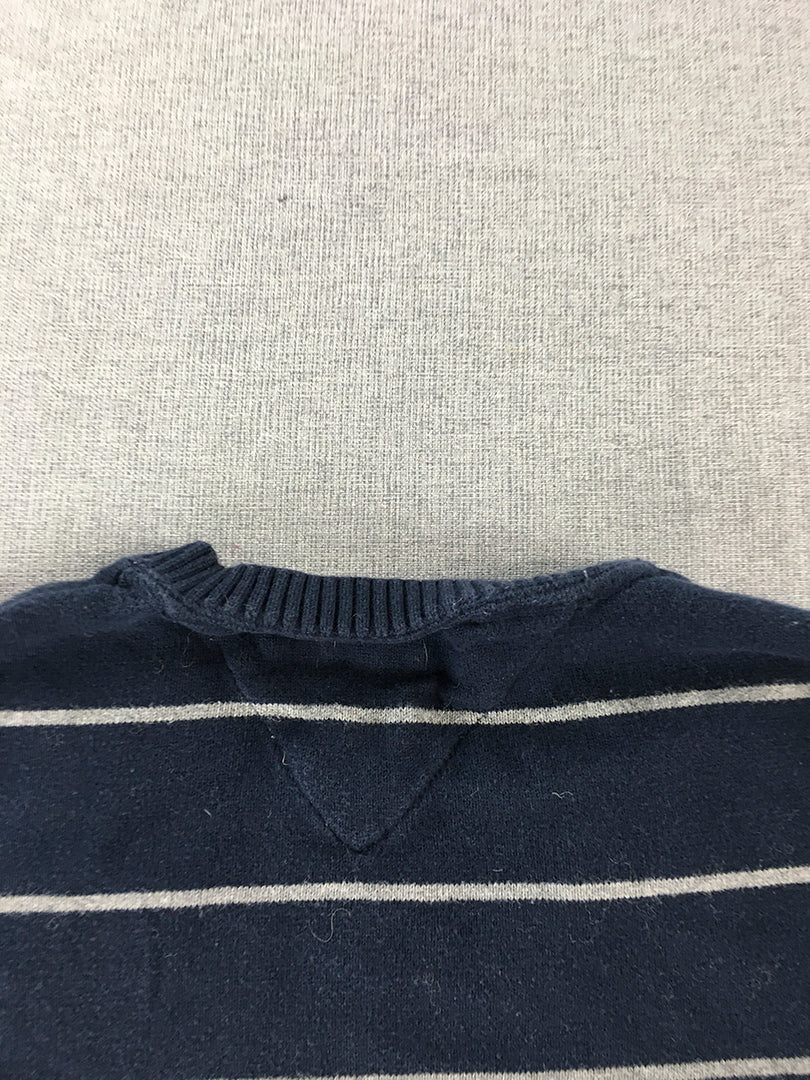 Tommy Hilfiger Mens Knit Sweater Size S Navy Blue Striped Logo V-Neck Jumper