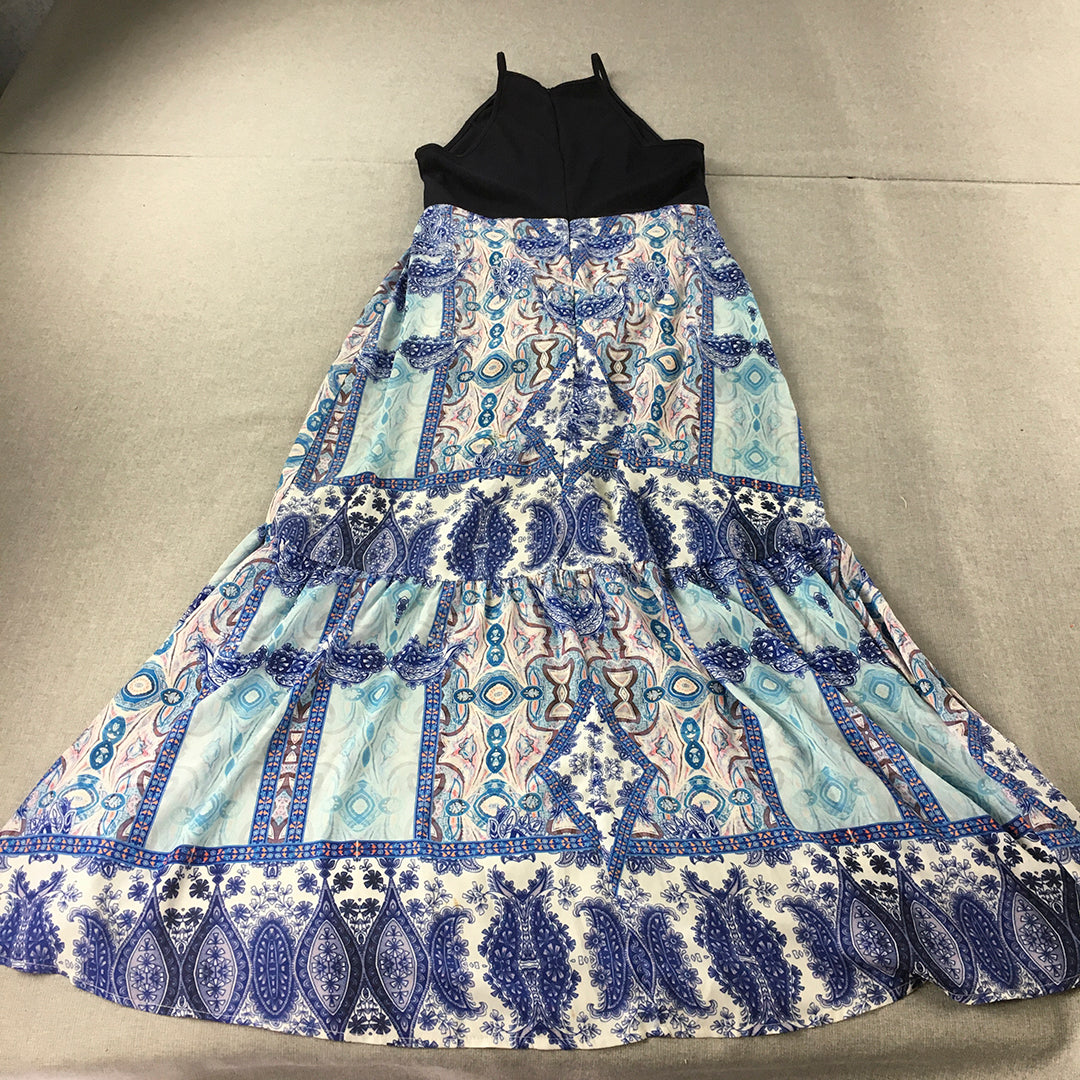 Valleygirl Womens Maxi Dress Size 12 Blue Tiered Paisley Sleeveless Long