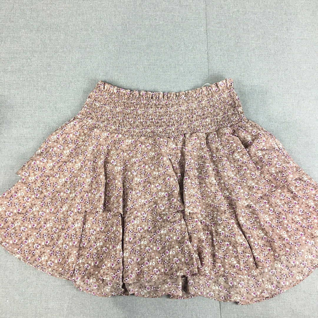 Ebby And I Womens Mini Skirt Size 12 Pink Floral Elastic Waist A-Line Tiered