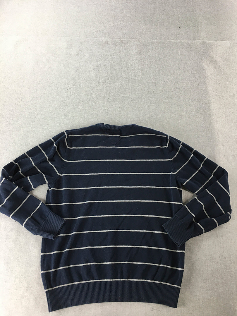 Tommy Hilfiger Mens Knit Sweater Size S Navy Blue Striped Logo V-Neck Jumper