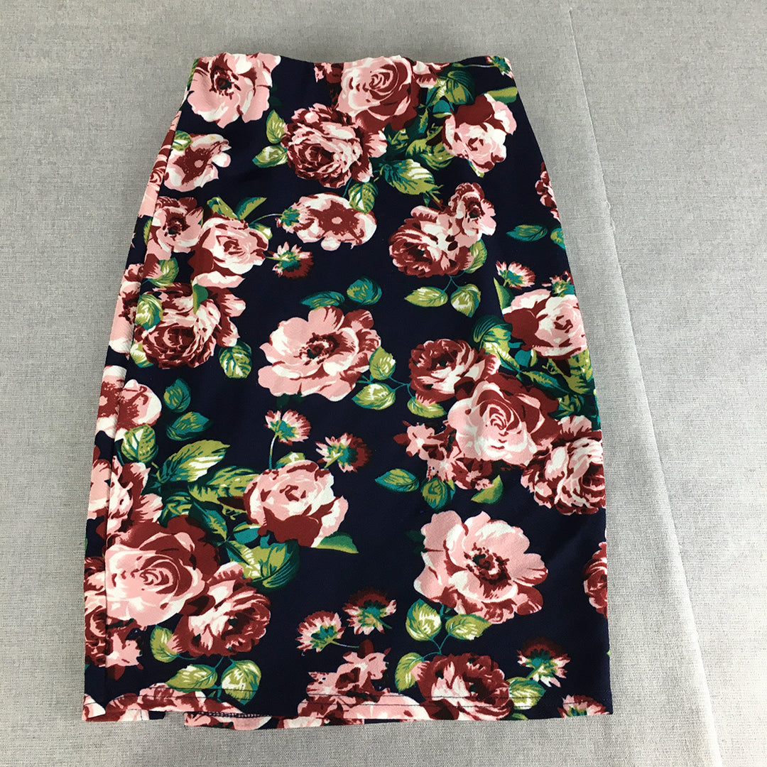 Valleygirl Womens Mini Skirt Size M Blue Pink Floral Pencil Straight