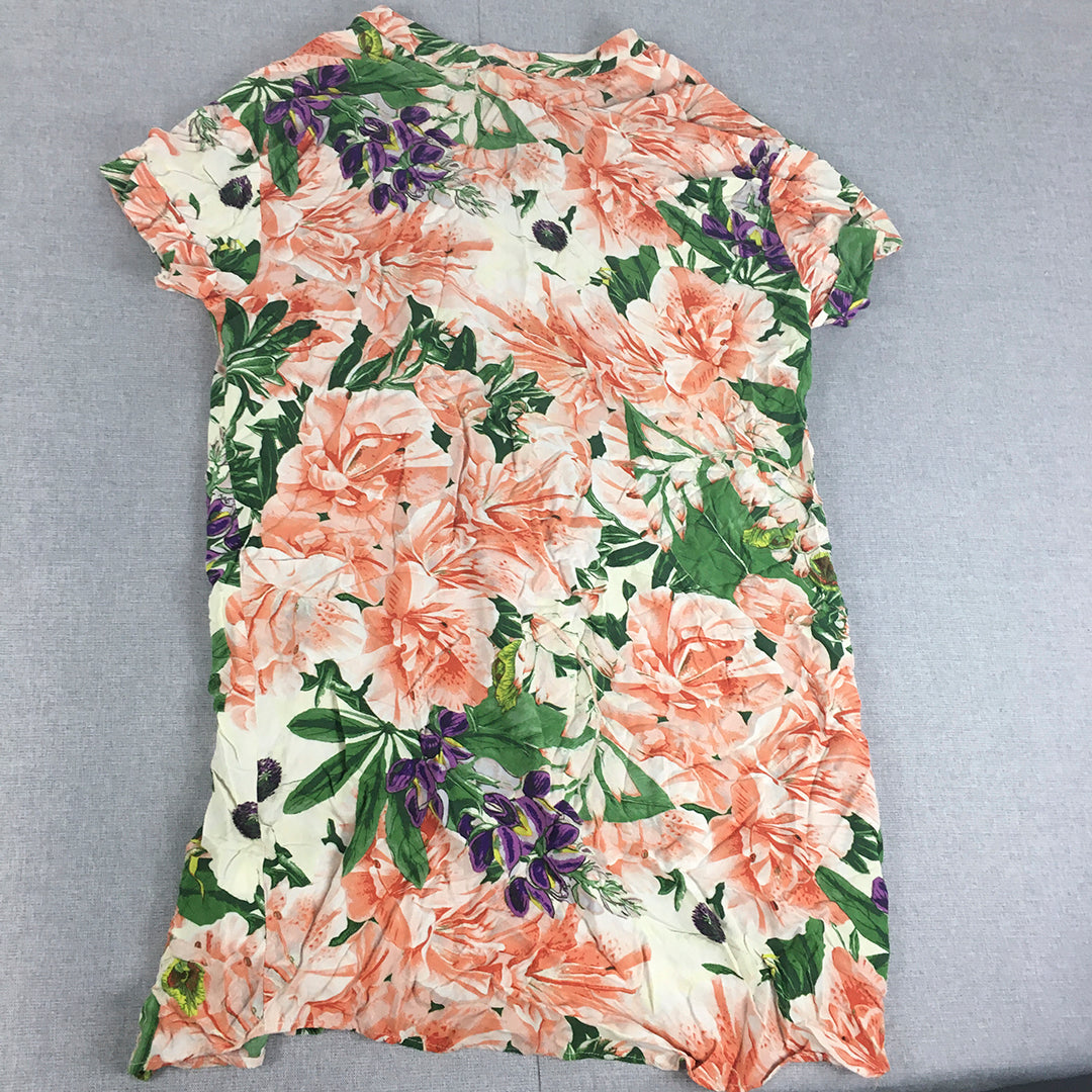 H&M Womens Shirt Dress Size M Pink Green White Floral Mini Short Sleeve