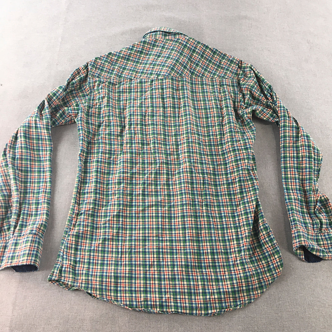 Being Animal Mens Flannel Shirt Size L Green Blue Checkered Button-Up