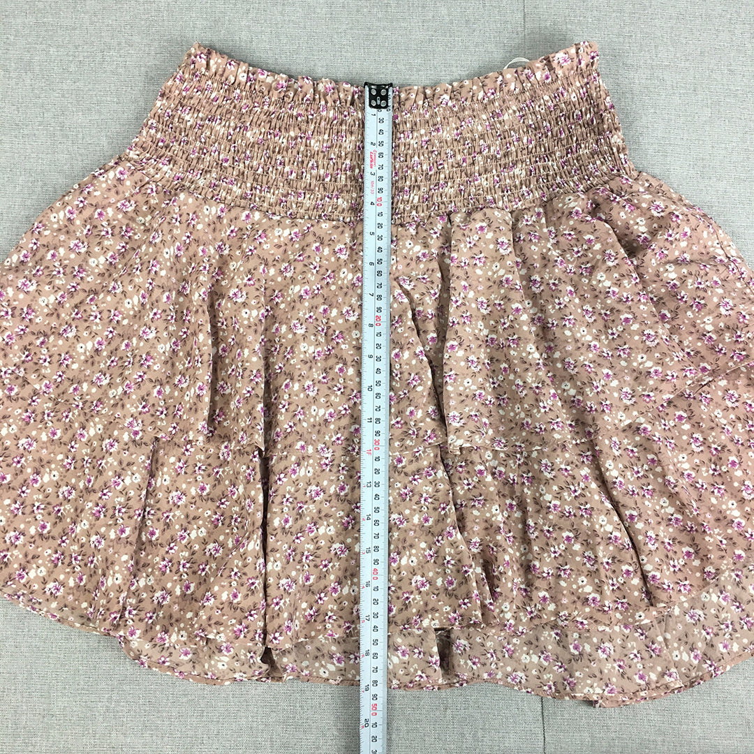 Ebby And I Womens Mini Skirt Size 12 Pink Floral Elastic Waist A-Line Tiered