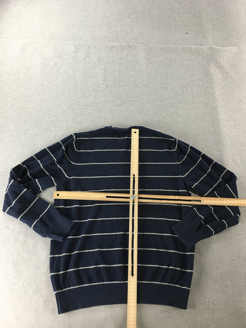 Tommy Hilfiger Mens Knit Sweater Size S Navy Blue Striped Logo V-Neck Jumper