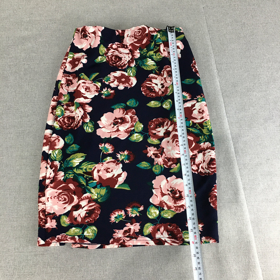 Valleygirl Womens Mini Skirt Size M Blue Pink Floral Pencil Straight