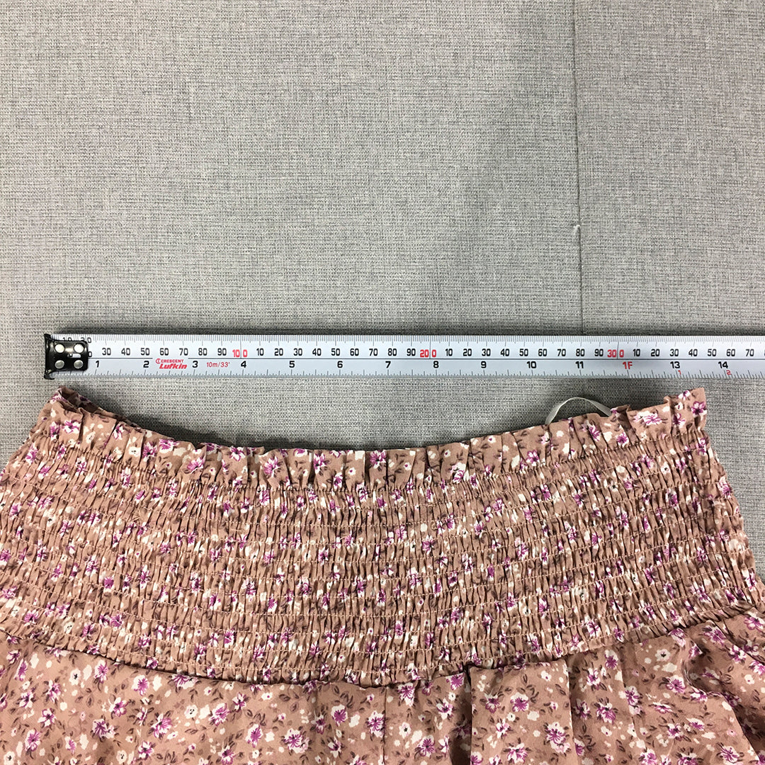 Ebby And I Womens Mini Skirt Size 12 Pink Floral Elastic Waist A-Line Tiered