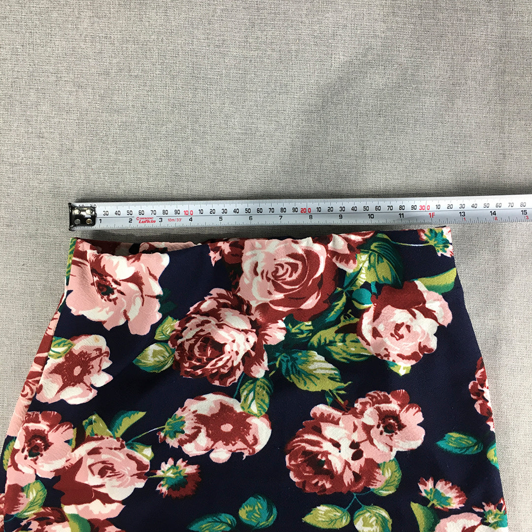 Valleygirl Womens Mini Skirt Size M Blue Pink Floral Pencil Straight