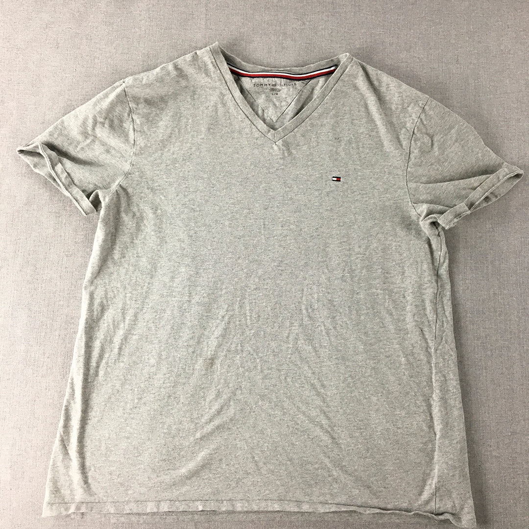 Tommy Hilfiger Mens T-Shirt Size L Grey Logo V-Neck Short Sleeve Tee