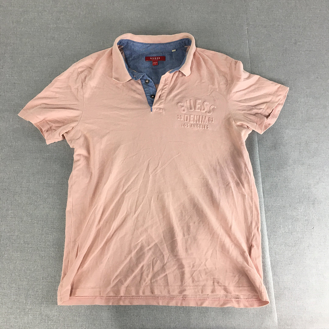 Guess Mens Polo Shirt Size S Pink Embossed Logo Short Sleeve Collared Rugby