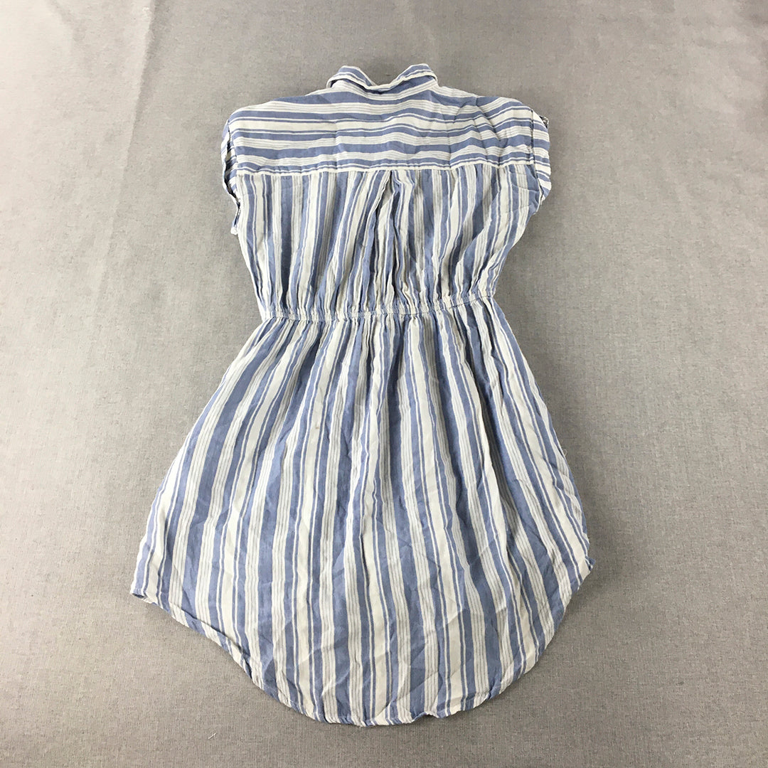 Japna Womens Shirt Dress Size M Blue White Striped Mini Fit Flare Drawstring