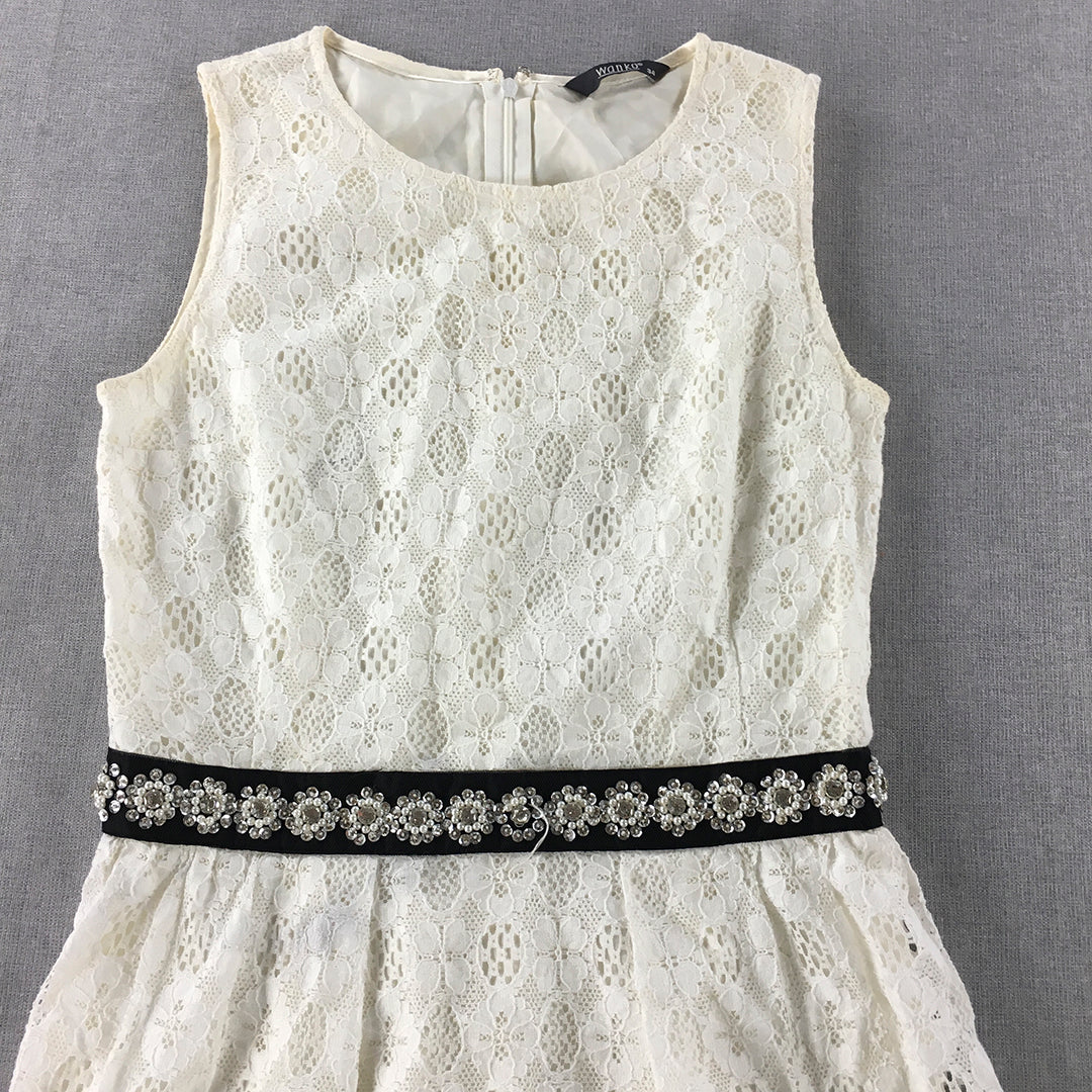 Wanko Womens Mini Dress Size S White Diamante Embellished Pencil