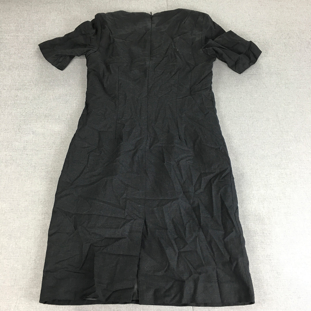 Roman Daniels Womens Wool Pencil Dress Size 12 Black Midi Short Sleeve