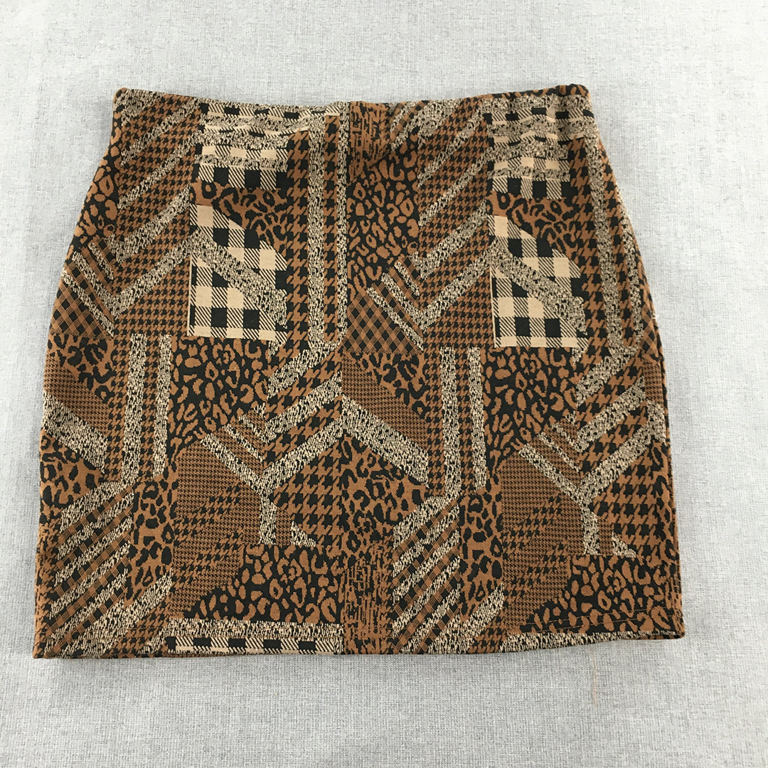 Valleygirl Womens Mini Skirt Size XL Brown Black Abstract Animal Print