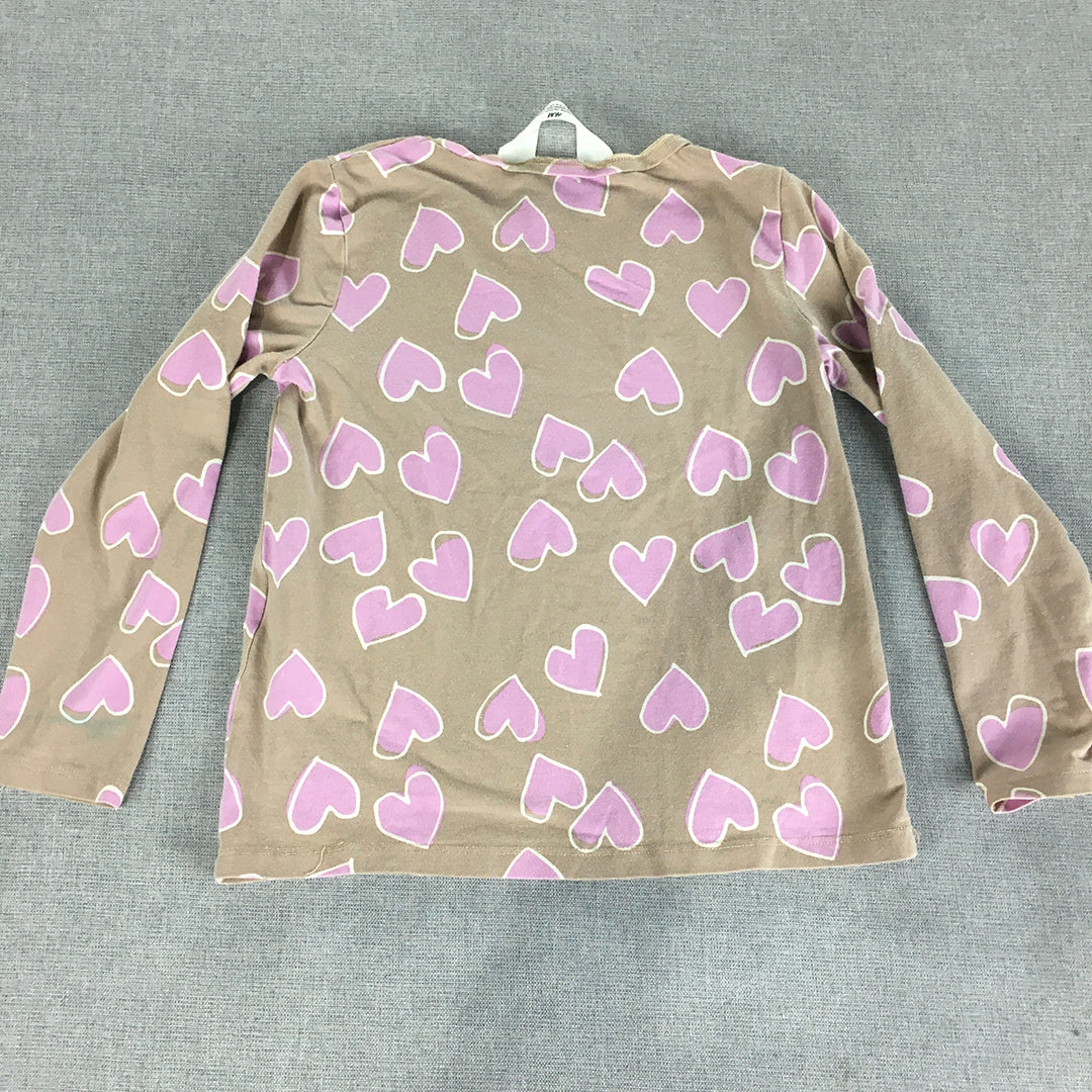 H&M Kids Girls Top Size 6 - 6 Years Brown Pink Love Heart Pattern Long Sleeve