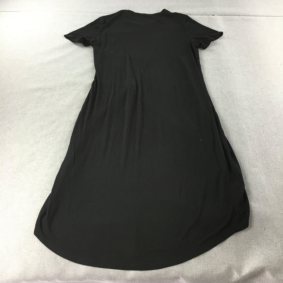 Miss Shop Womens Wrap Dress Size 10 Black Midi Stretch Fabric Short Sleeve