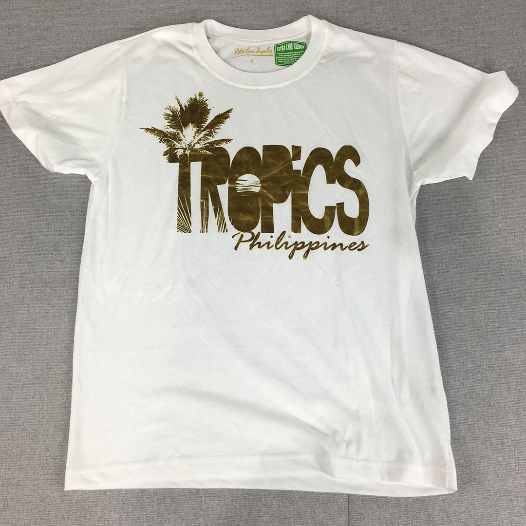 NEW Tropics Philippines Mens T-Shirt Size S White Gold Short Sleeve Crew Neck