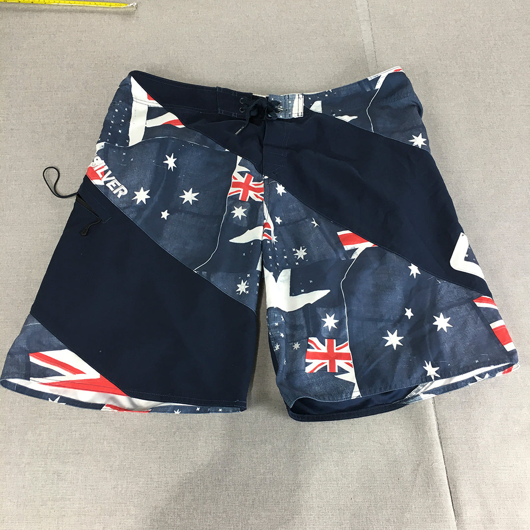 Quiksilver Mens Board Shorts Size 36 Blue Australian Flag Drawstring Surf Swim