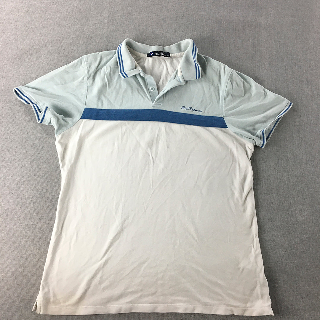 Ben Sherman Mens Polo Shirt Size L White Blue Collared Logo Rugby