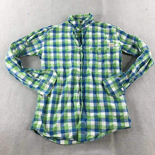 Heaven Mens Shirt Size L Slim Fit Blue Green White Checkered Button-Up