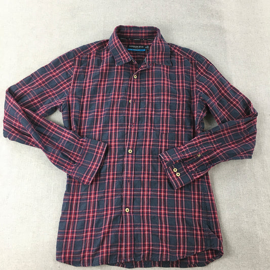 London Fog Mens Shirt Size M Blue Red Checkered Button-Up Collared