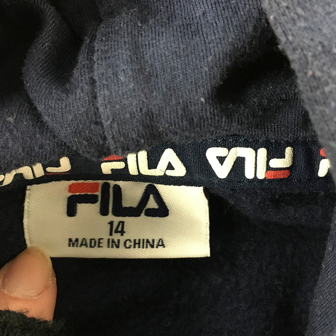 FILA Kids Boys Hoodie Sweater Size 14 Blue Big Embroidered Logo Jumper