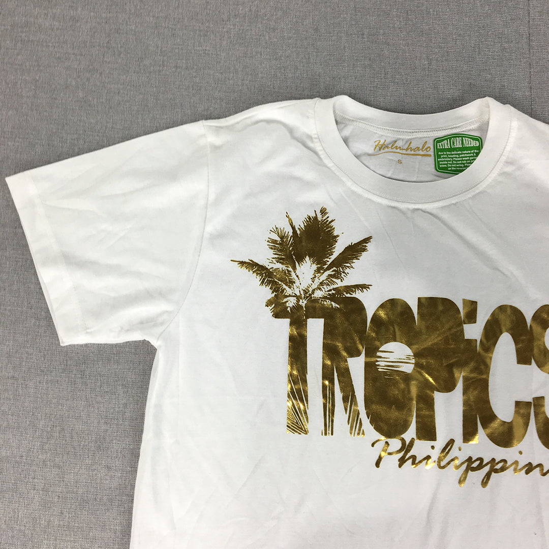 NEW Tropics Philippines Mens T-Shirt Size S White Gold Short Sleeve Crew Neck