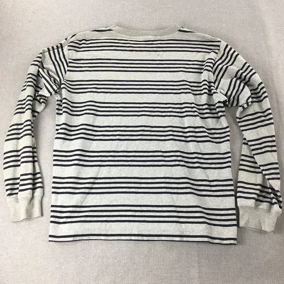 Uniqlo Mens Knit Sweater Size M Grey Blue Striped Crew Neck Pullover Jumper