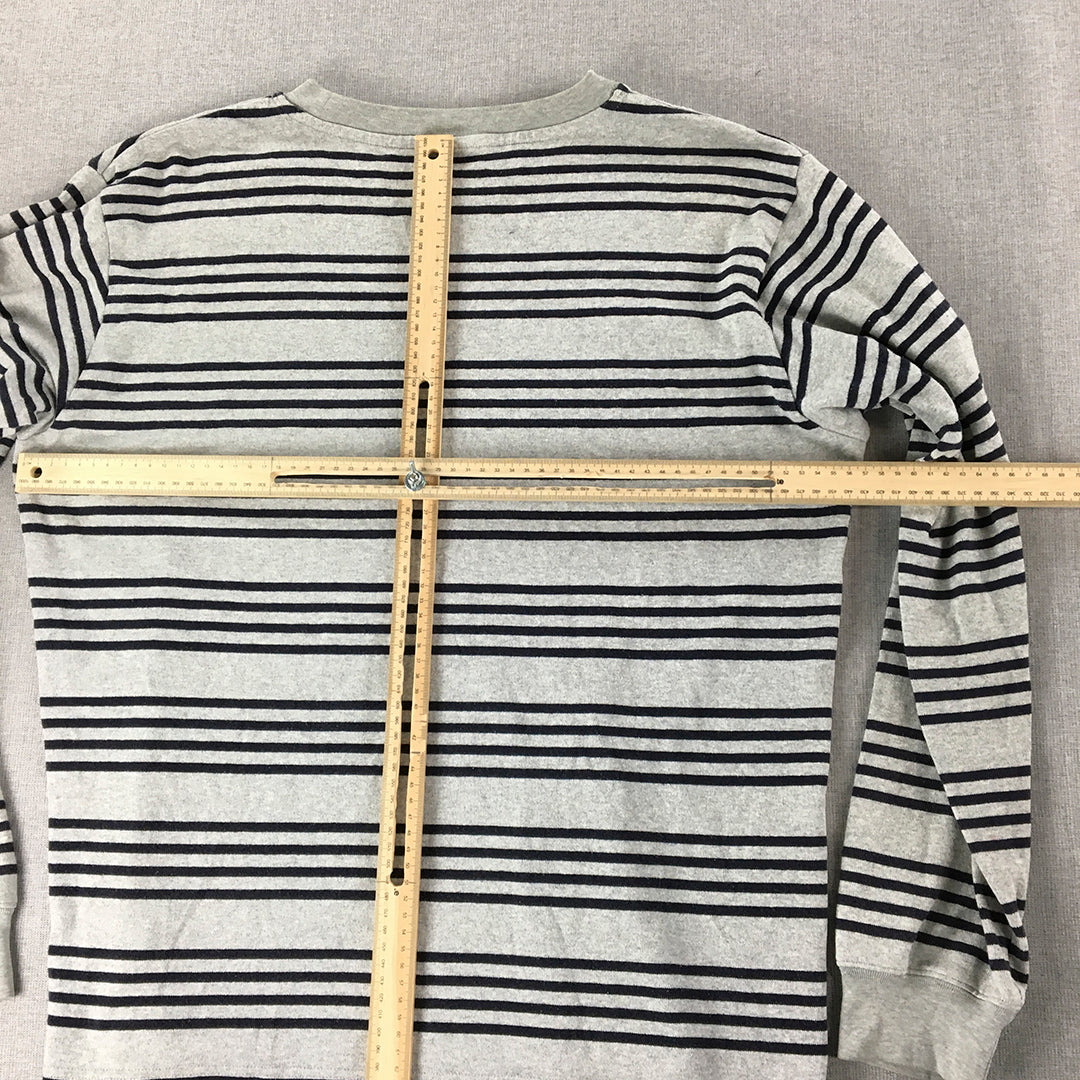 Uniqlo Mens Knit Sweater Size M Grey Blue Striped Crew Neck Pullover Jumper