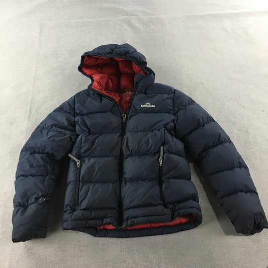 Kathmandu Kids Boys Down Puffer Jacket Size 12 Years Blue Logo Hoodie Zip