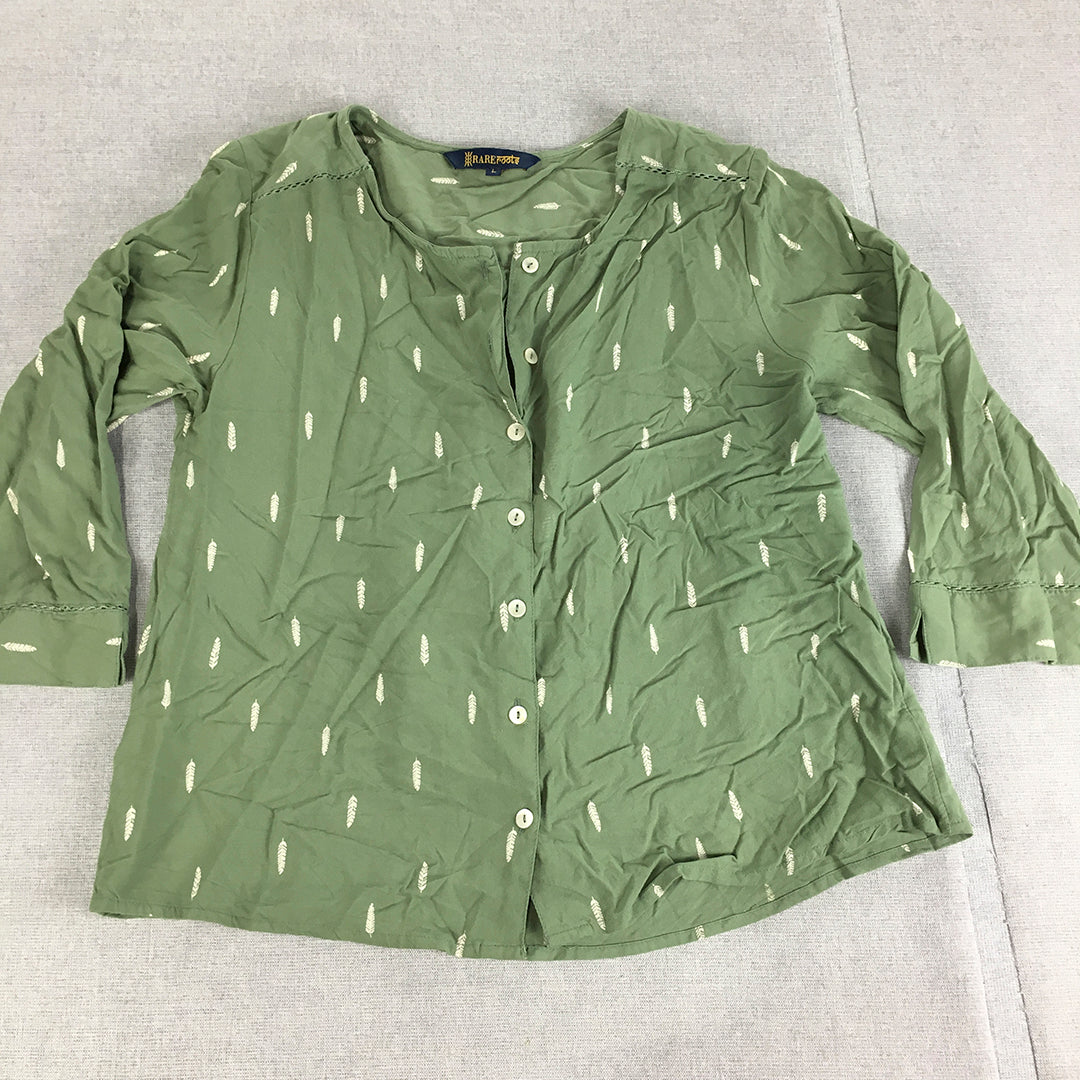 Rare Roots Womens Top Size L Green Floral Long Sleeve Button-Up Shirt