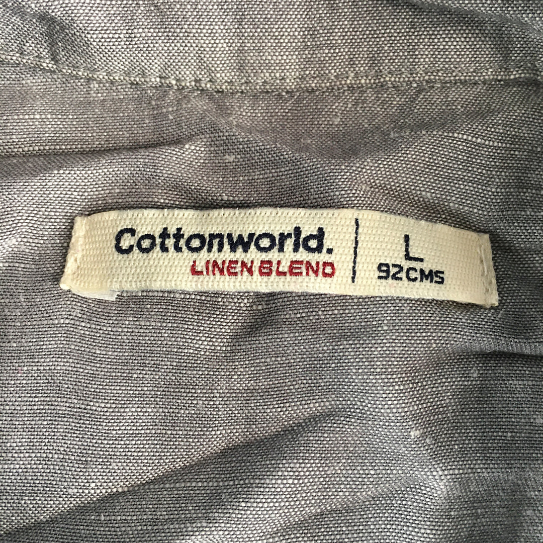 Cottonworld Mens Linen Shirt Size L Grey Button-Up Collared