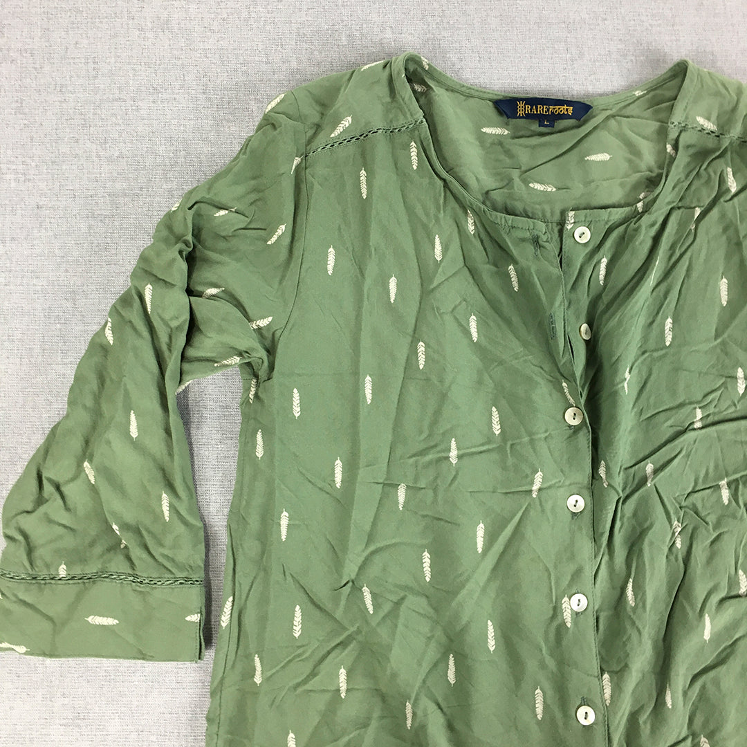 Rare Roots Womens Top Size L Green Floral Long Sleeve Button-Up Shirt