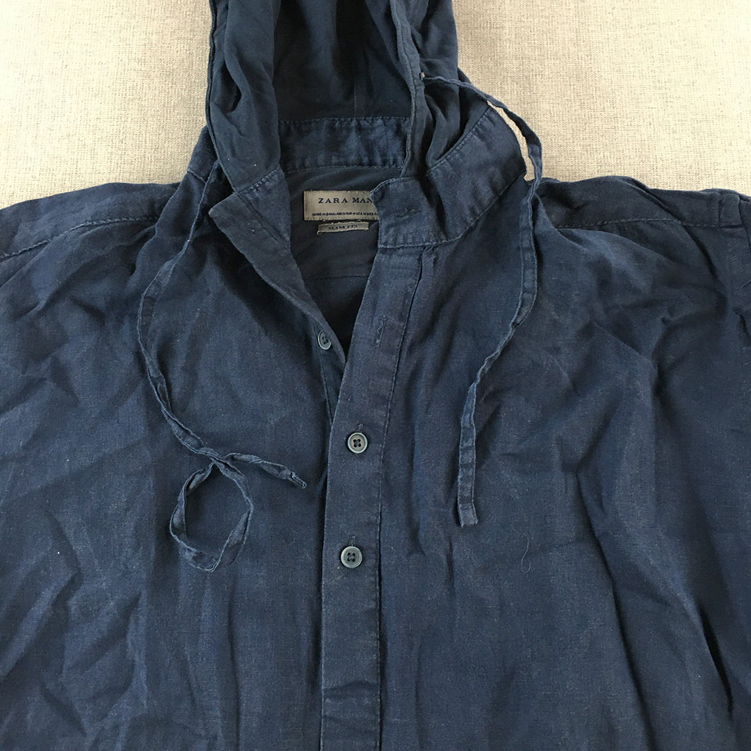 Zara Man Denim Hoodie Size M Slim Fit Blue Long Sleeve Shirt